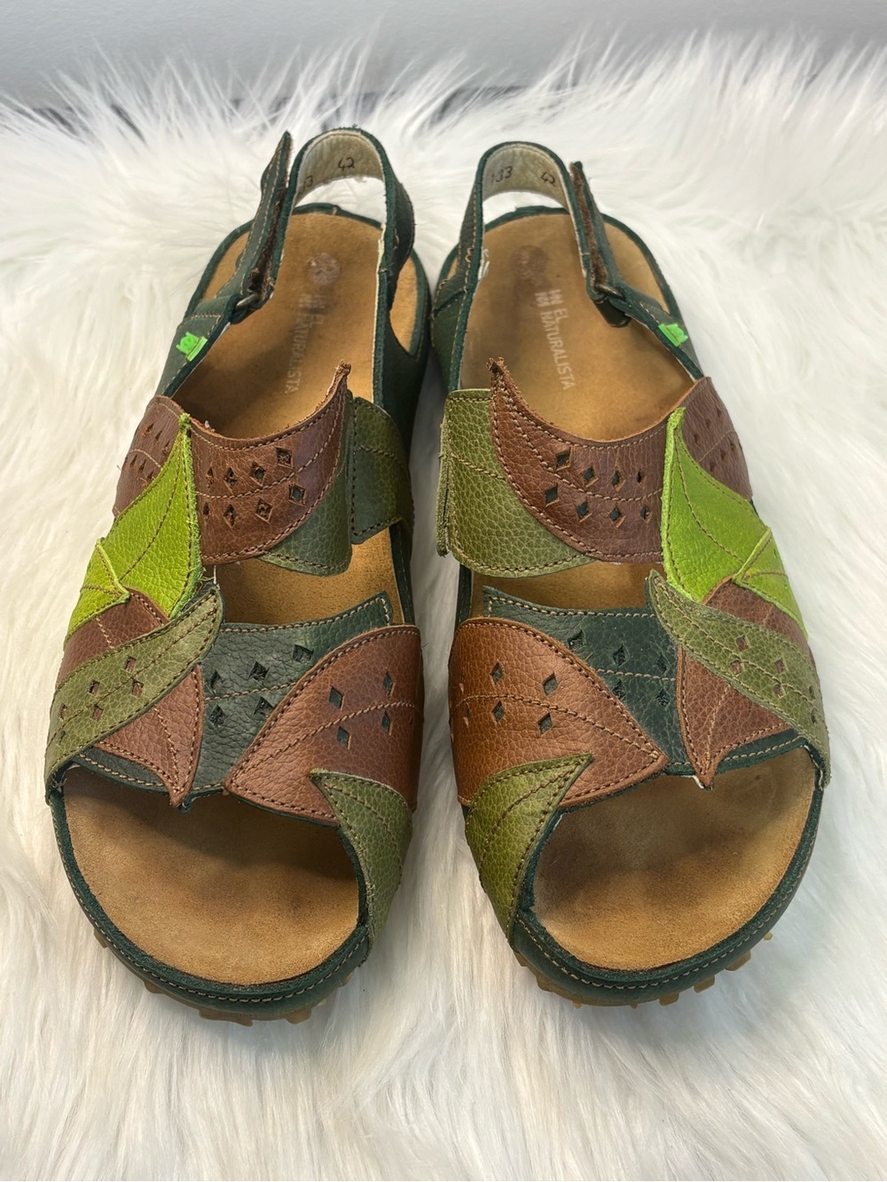 (95)El Naturalista Women's Multi-Tone Green and Brown Leather Slingback Sandals